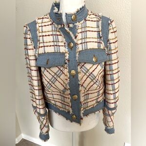 Veronica Beard women’s boucle tweed blue denim fringe jacket